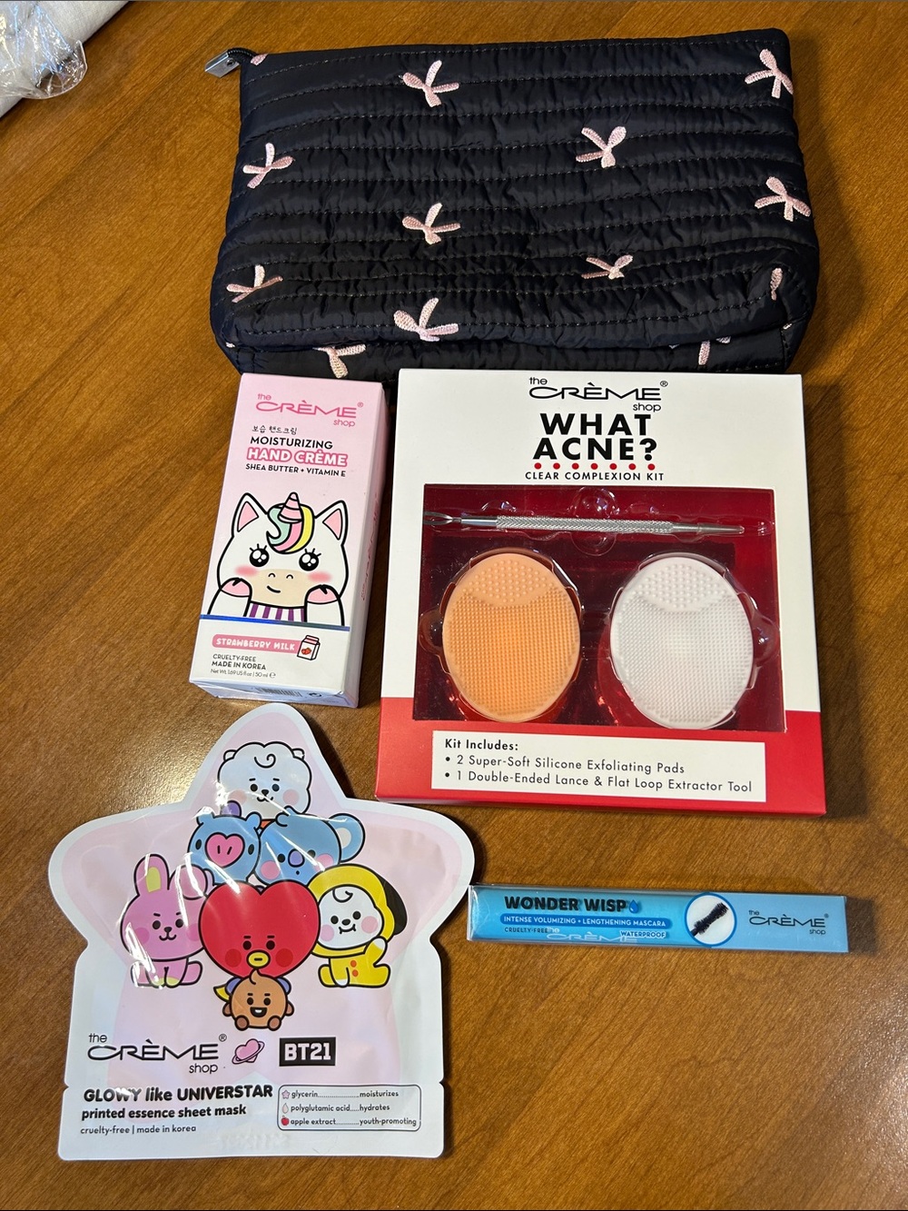 The Crème Shop Skincare & Makeup Set - Black Pink Bow Pouch